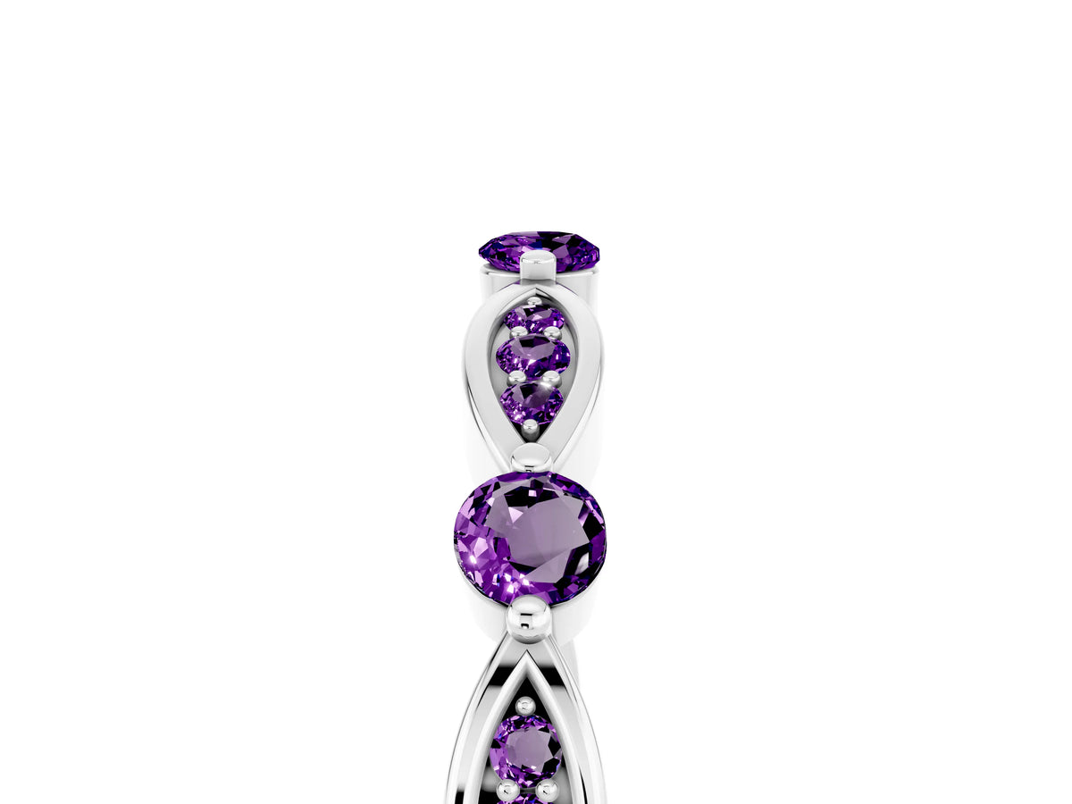 Alternating Marquise and Round Amethyst Milgrain Band in Platinum with Bezel Setting_5