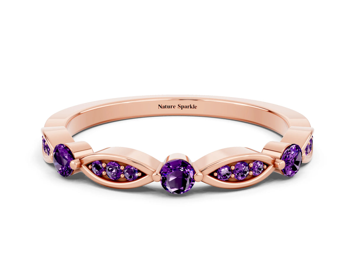 Alternating Marquise and Round Amethyst Milgrain Band in Rose gold with Bezel Setting