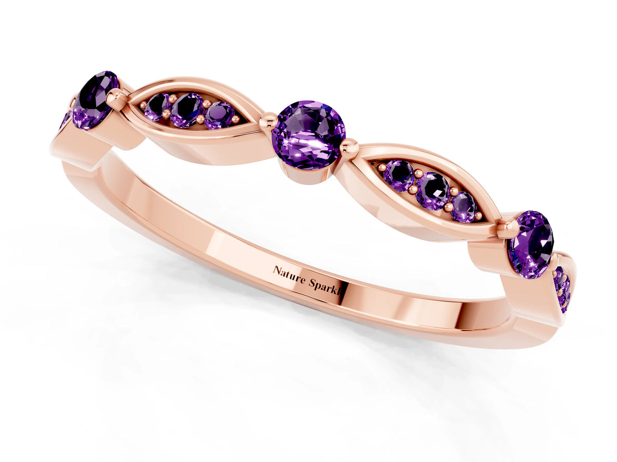 Alternating Marquise and Round Amethyst Milgrain Band in Rose gold with Bezel Setting_1