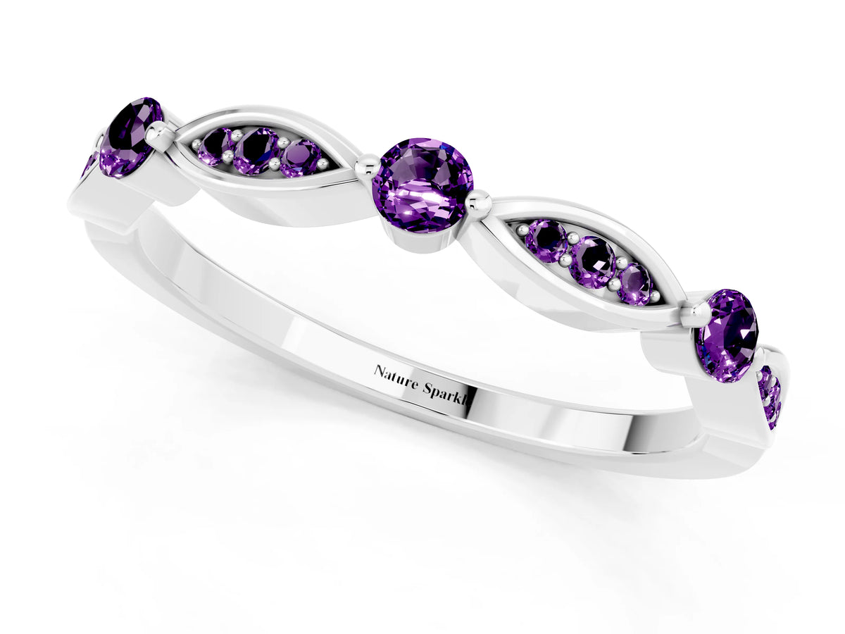 Alternating Marquise and Round Amethyst Milgrain Band in White gold with Bezel Setting_1