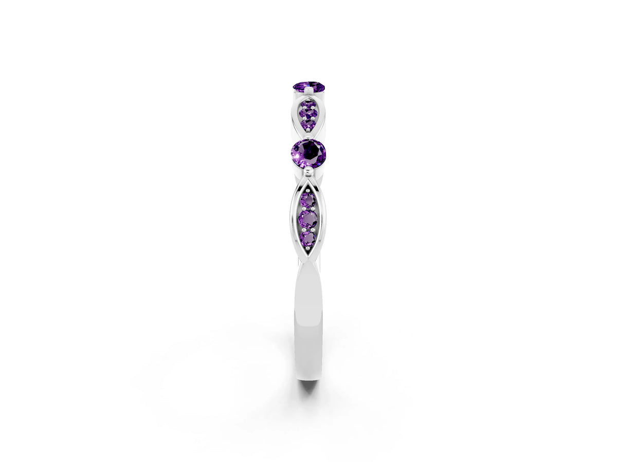 Alternating Marquise and Round Amethyst Milgrain Band in White gold with Bezel Setting_2