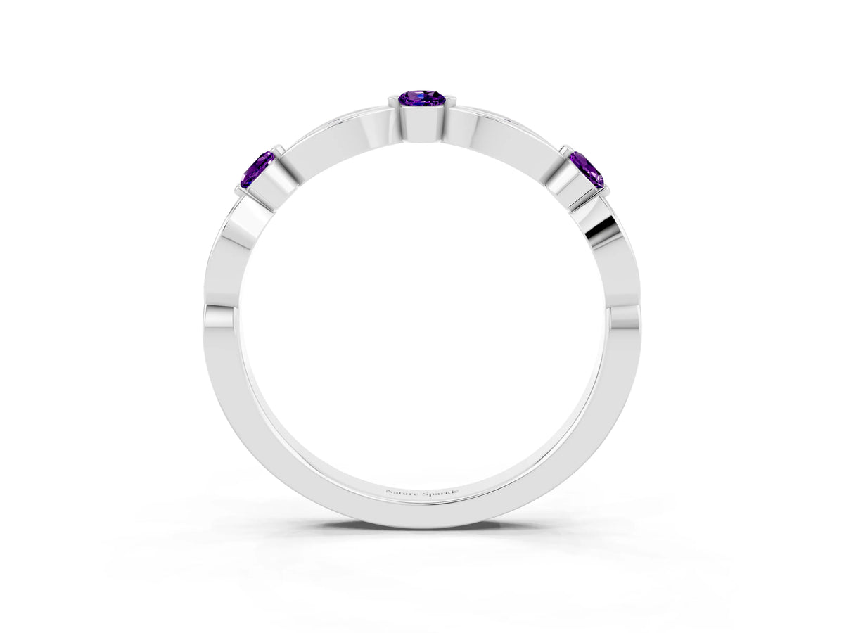 Alternating Marquise and Round Amethyst Milgrain Band in White gold with Bezel Setting_3
