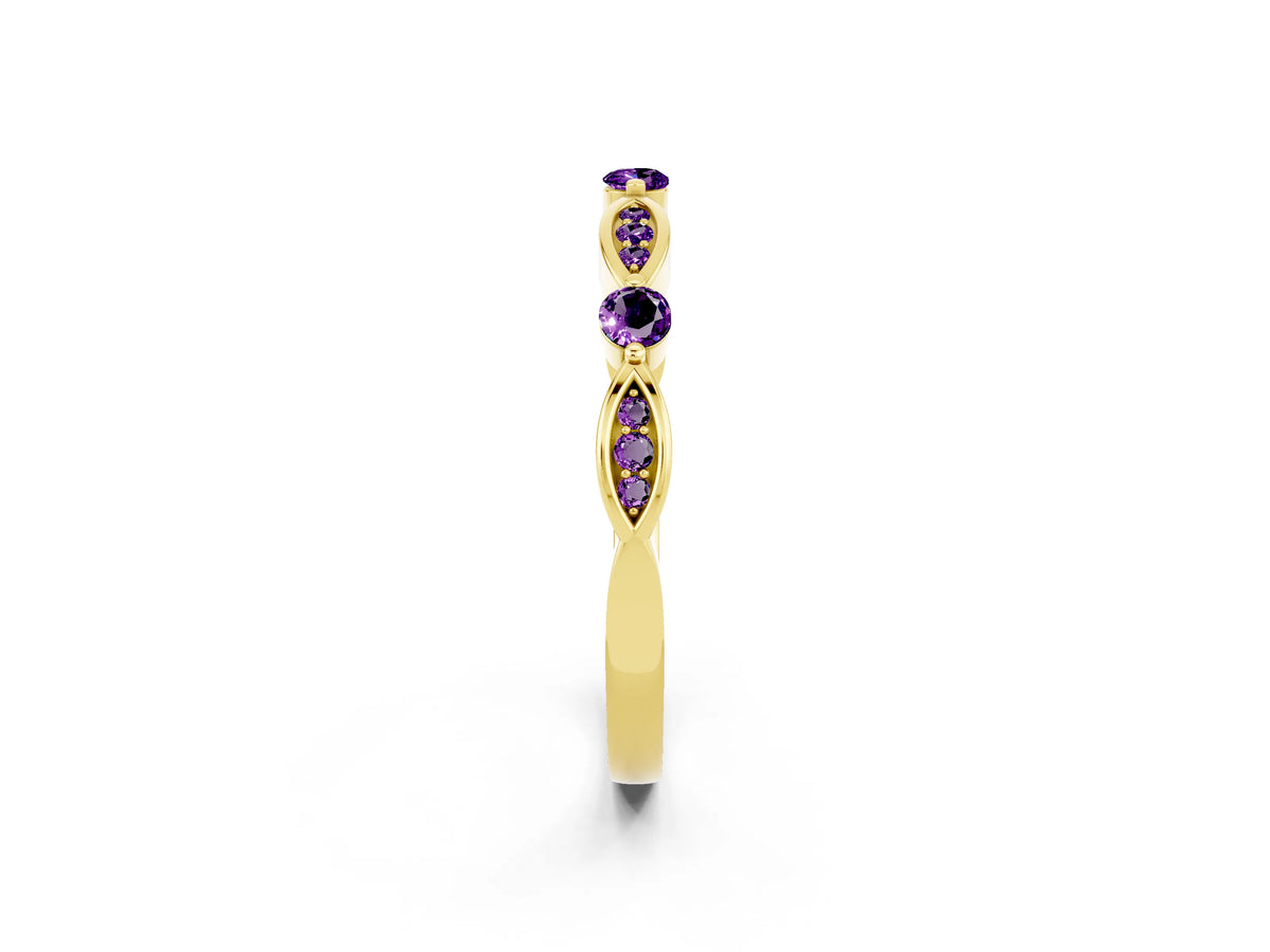 Alternating Marquise and Round Amethyst Milgrain Band in Yellow gold with Bezel Setting_2