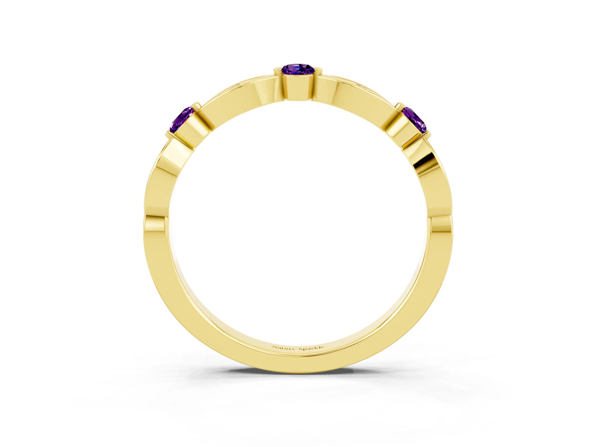 Alternating Marquise and Round Amethyst Milgrain Band in Yellow gold with Bezel Setting_3