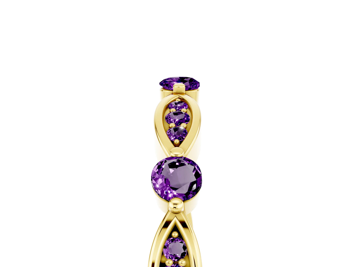 Alternating Marquise and Round Amethyst Milgrain Band in Yellow gold with Bezel Setting_5