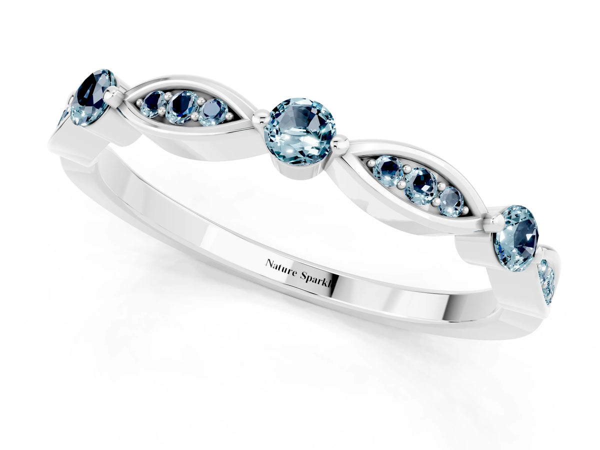 Alternating Marquise and Round Aquamarine Milgrain Band in Platinum with Bezel Setting_1