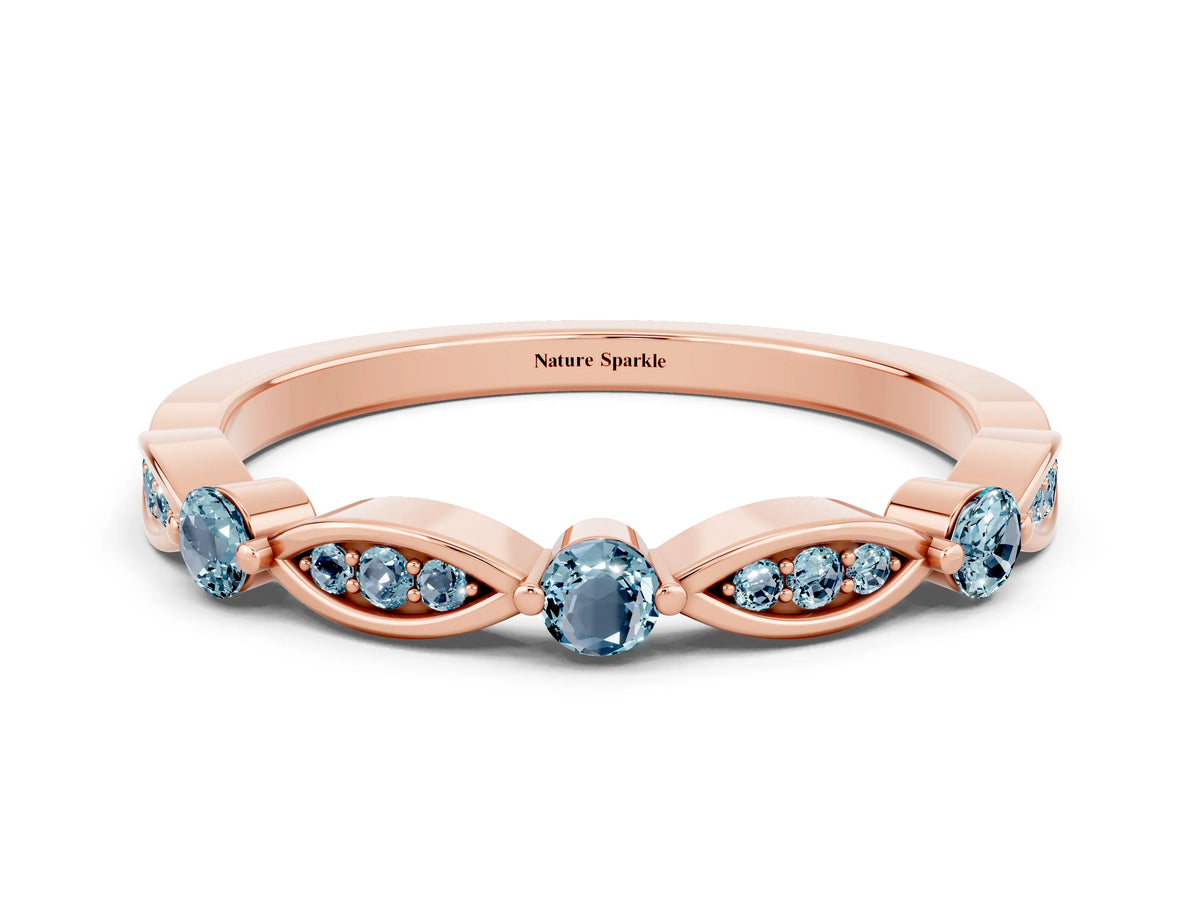 Alternating Marquise and Round Aquamarine Milgrain Band in Rose gold with Bezel Setting