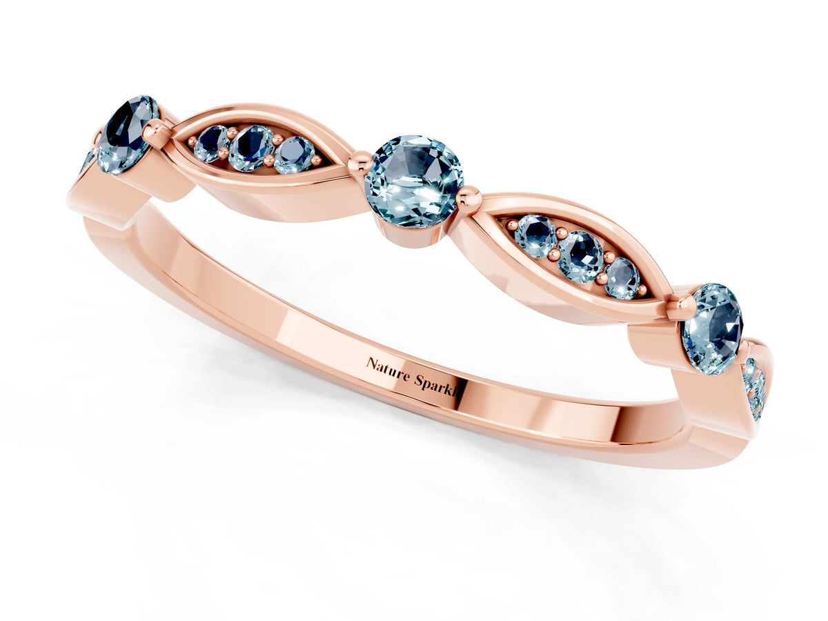 Alternating Marquise and Round Aquamarine Milgrain Band in Rose gold with Bezel Setting_1