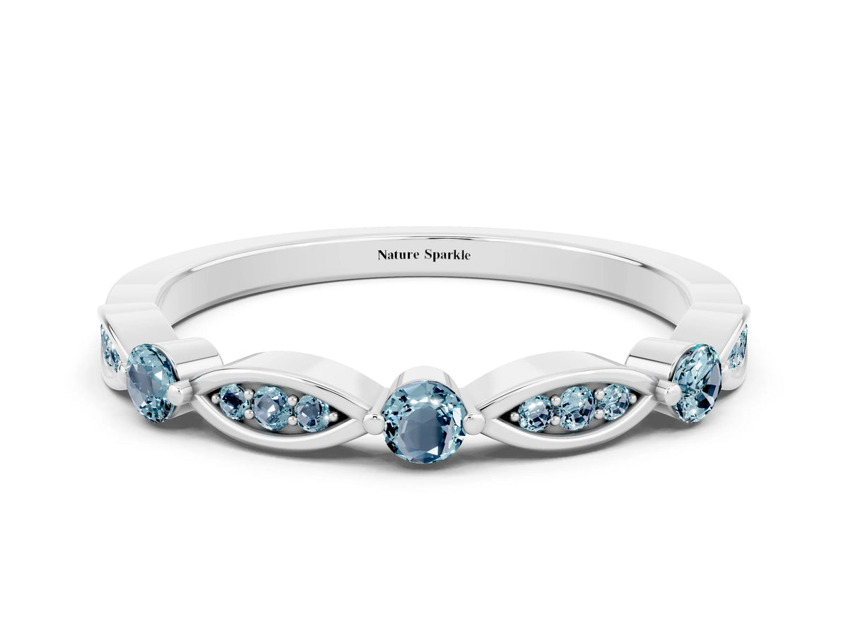 Alternating Marquise and Round Aquamarine Milgrain Band in Silver with Bezel Setting