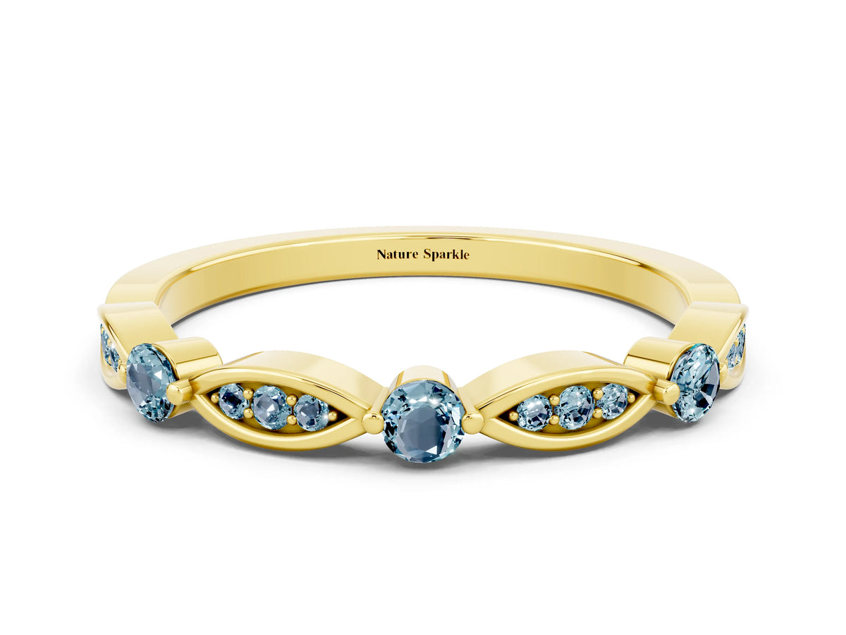 Alternating Marquise and Round Aquamarine Milgrain Band in Yellow gold with Bezel Setting