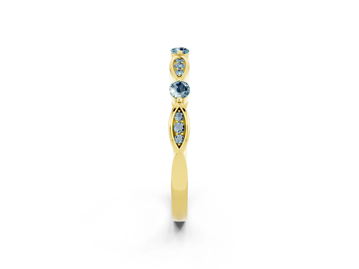 Alternating Marquise and Round Aquamarine Milgrain Band in Yellow gold with Bezel Setting_2