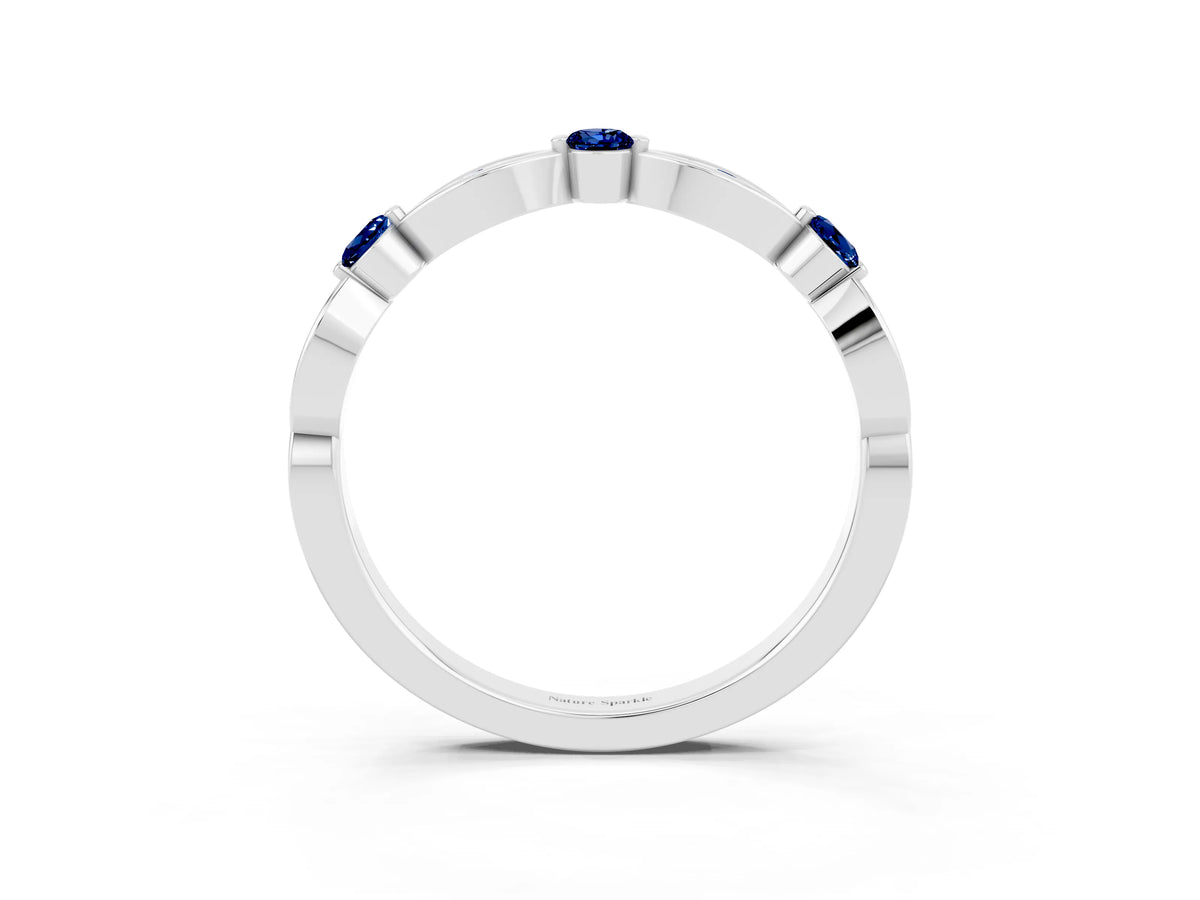Alternating Marquise and Round Blue Sapphire Milgrain Band in Platinum with Bezel Setting_3