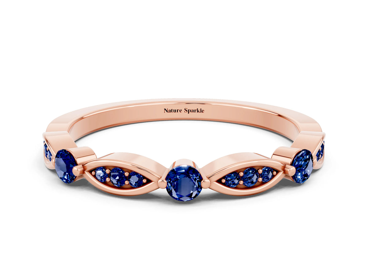 Alternating Marquise and Round Blue Sapphire Milgrain Band in Rose gold with Bezel Setting