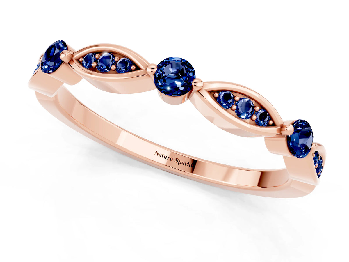 Alternating Marquise and Round Blue Sapphire Milgrain Band in Rose gold with Bezel Setting_1