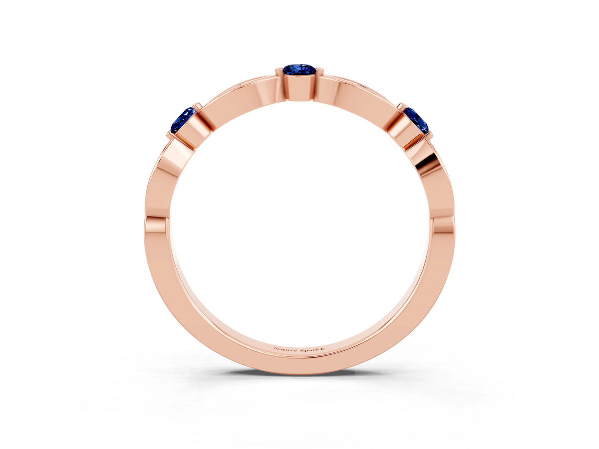 Alternating Marquise and Round Blue Sapphire Milgrain Band in Rose gold with Bezel Setting_3