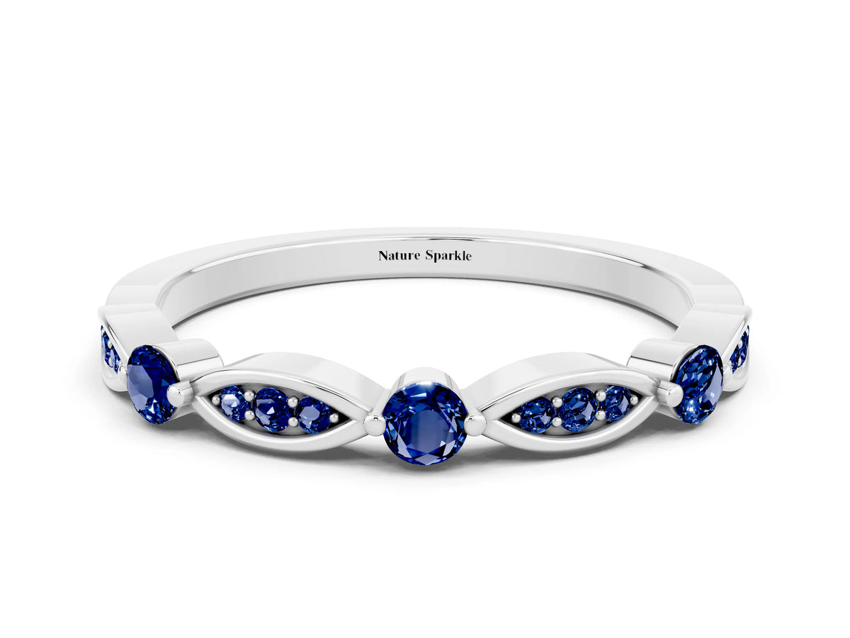 Alternating Marquise and Round Blue Sapphire Milgrain Band in Silver with Bezel Setting