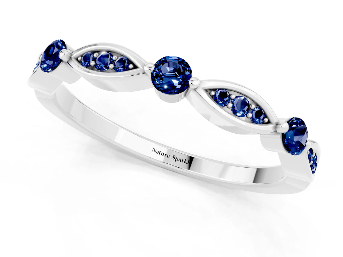 Alternating Marquise and Round Blue Sapphire Milgrain Band in Silver with Bezel Setting_1