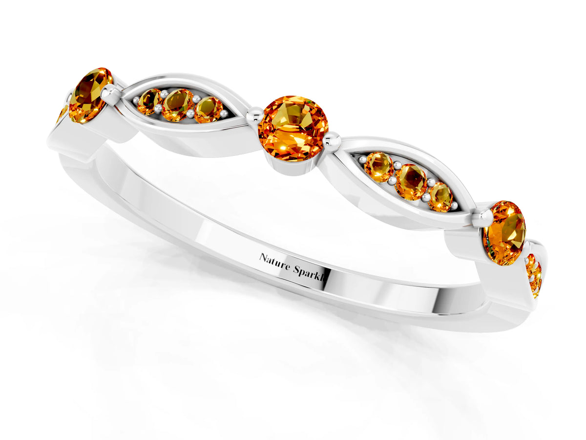 Alternating Marquise and Round Citrine Milgrain Band in White gold with Bezel Setting_1