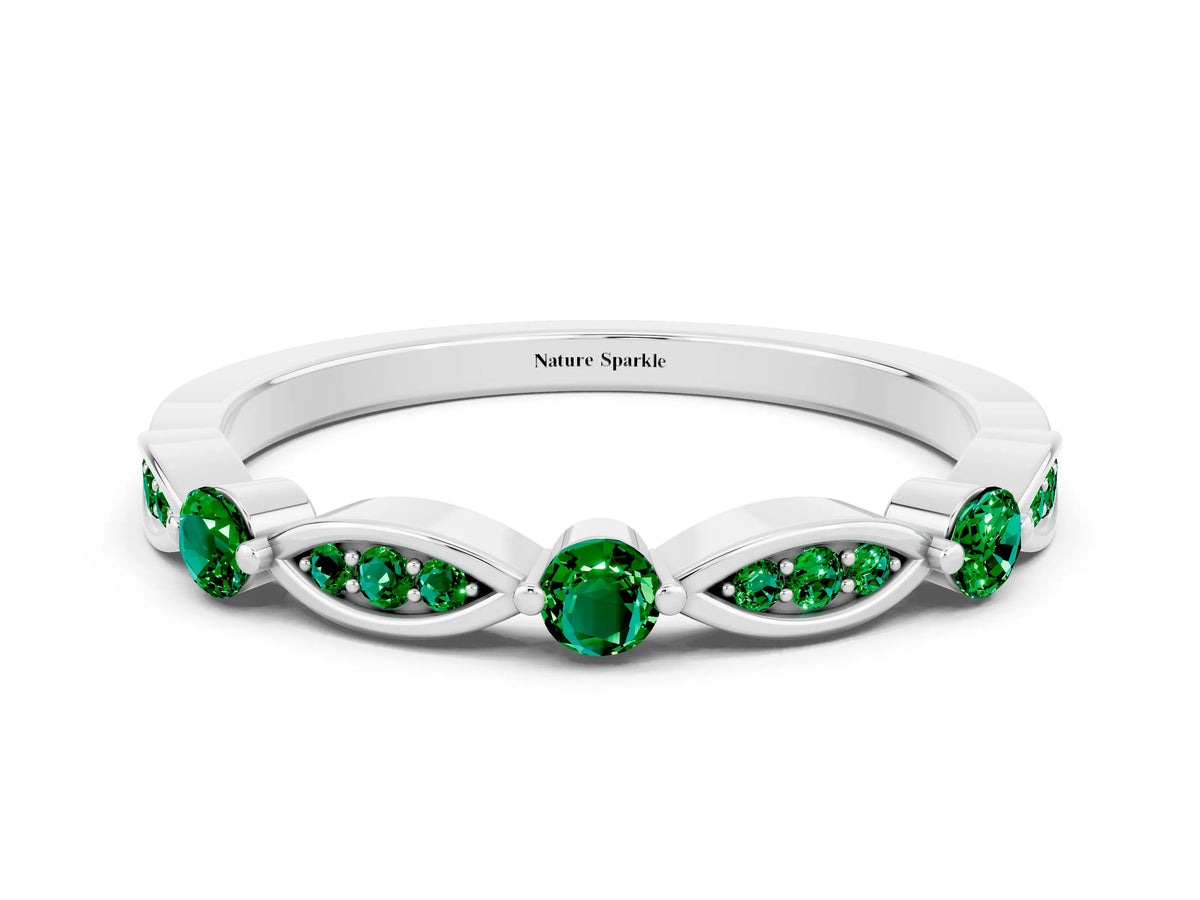 Alternating Marquise and Round Emerald Milgrain Band in Platinum with Bezel Setting