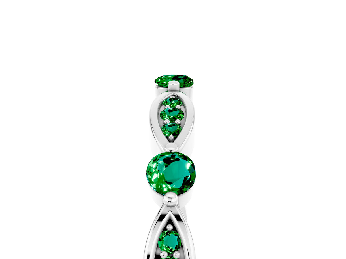 Alternating Marquise and Round Emerald Milgrain Band in White gold with Bezel Setting_5