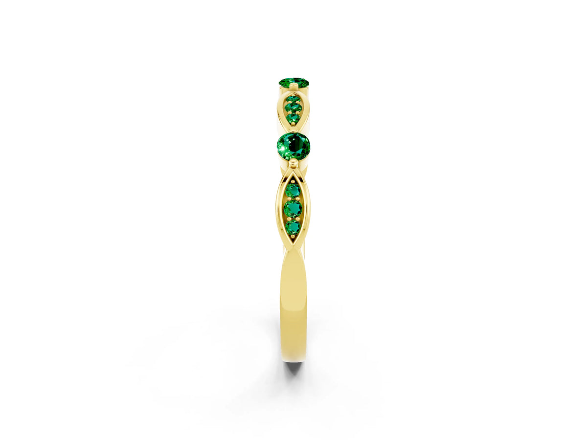 Alternating Marquise and Round Emerald Milgrain Band in Yellow gold with Bezel Setting_2