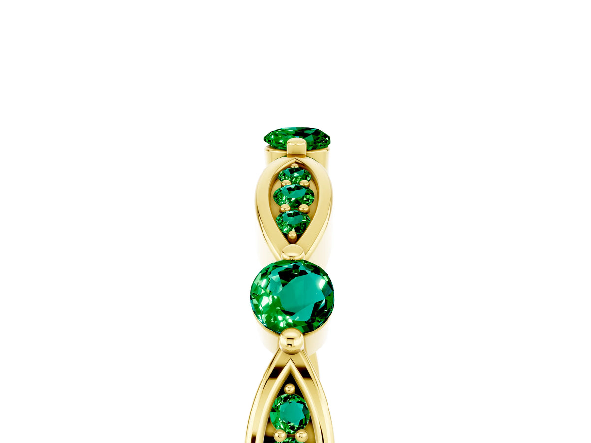 Alternating Marquise and Round Emerald Milgrain Band in Yellow gold with Bezel Setting_5