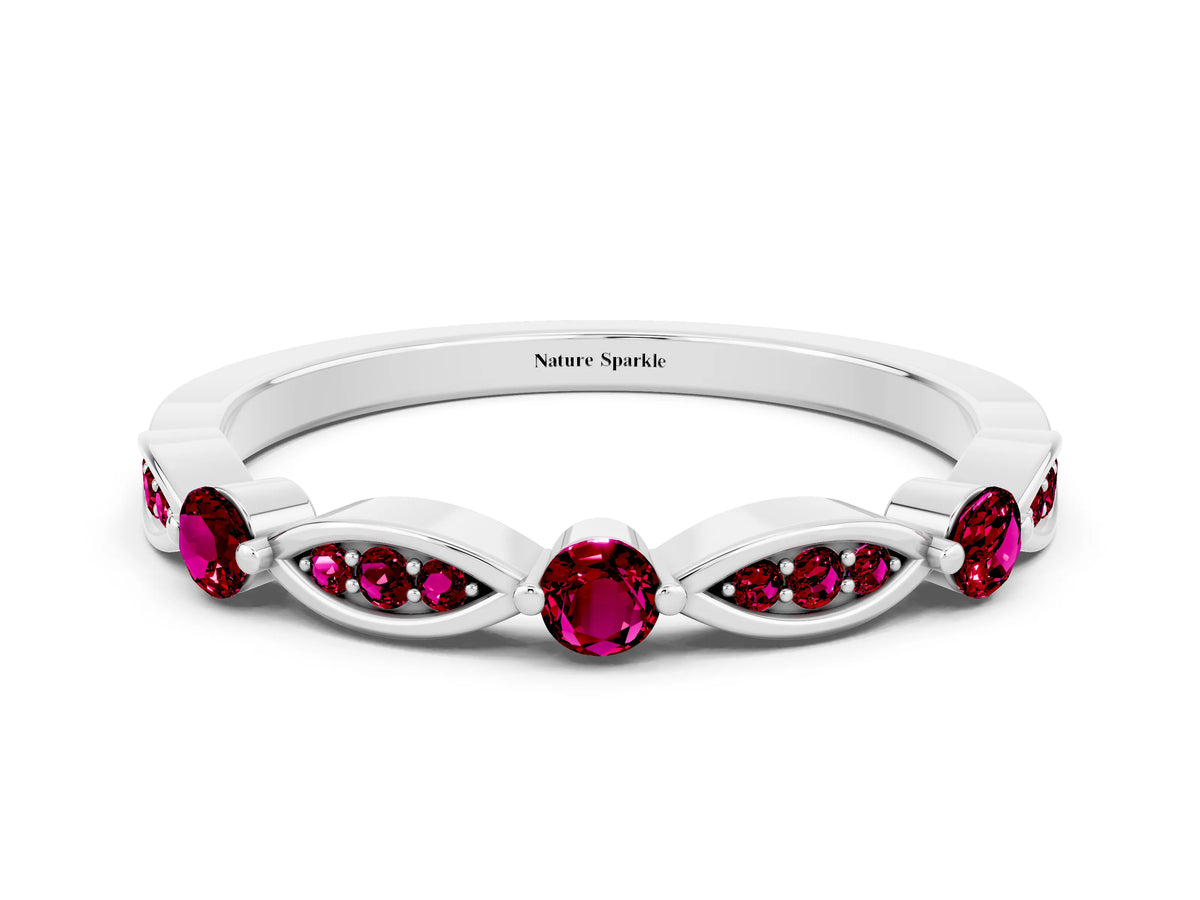 Alternating Marquise and Round Garnet Milgrain Band in Silver with Bezel Setting