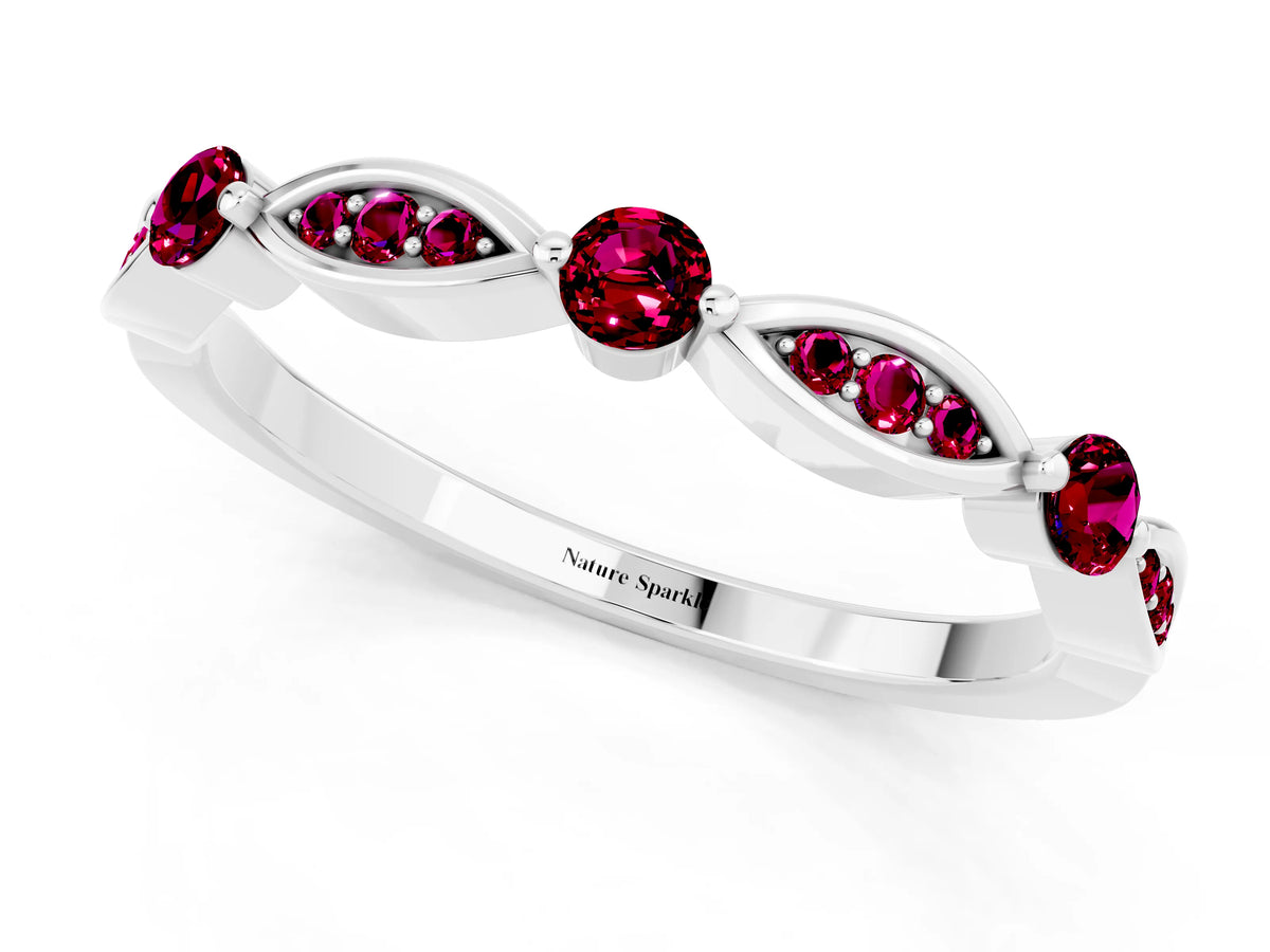 Alternating Marquise and Round Garnet Milgrain Band in White gold with Bezel Setting_1