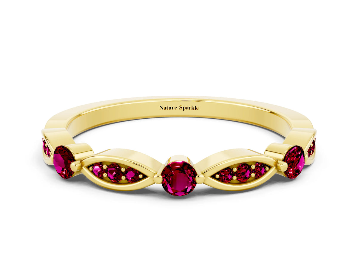 Alternating Marquise and Round Garnet Milgrain Band in Yellow gold with Bezel Setting