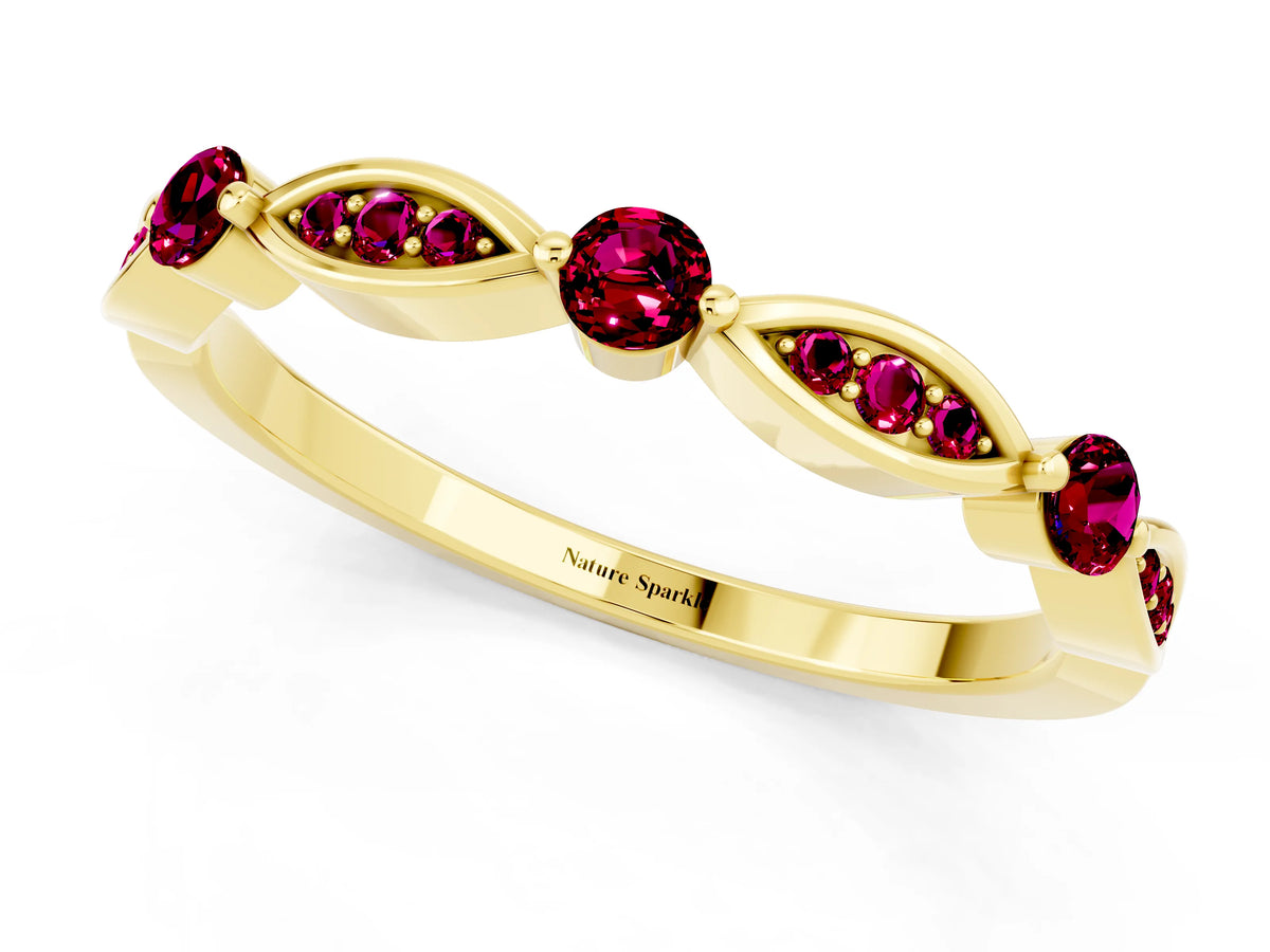 Alternating Marquise and Round Garnet Milgrain Band in Yellow gold with Bezel Setting_1