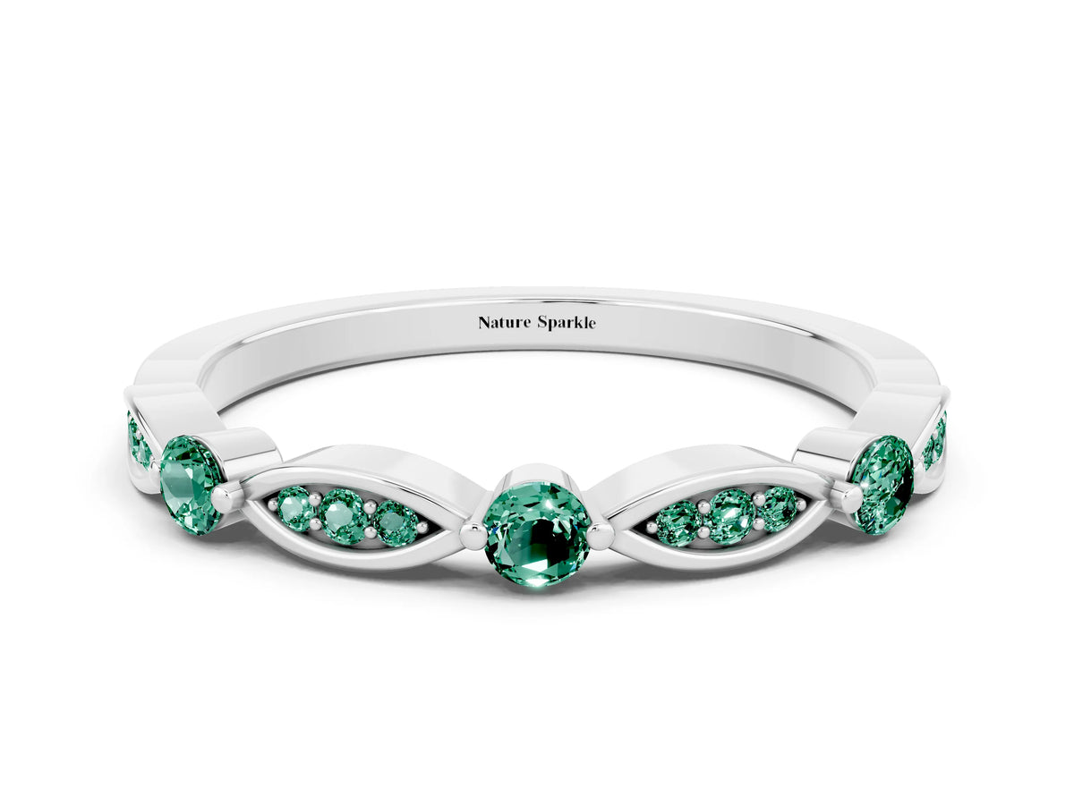 Alternating Marquise and Round Green Sapphire Milgrain Band in Platinum with Bezel Setting