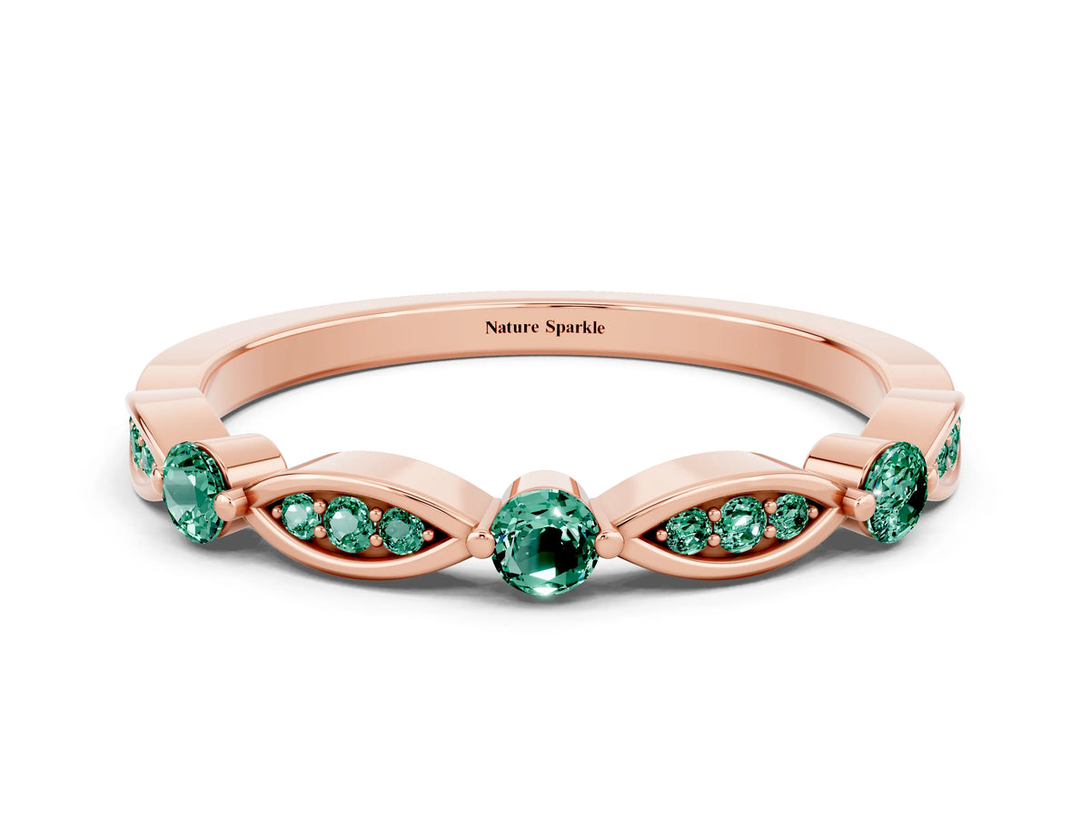 Alternating Marquise and Round Green Sapphire Milgrain Band in Rose gold with Bezel Setting