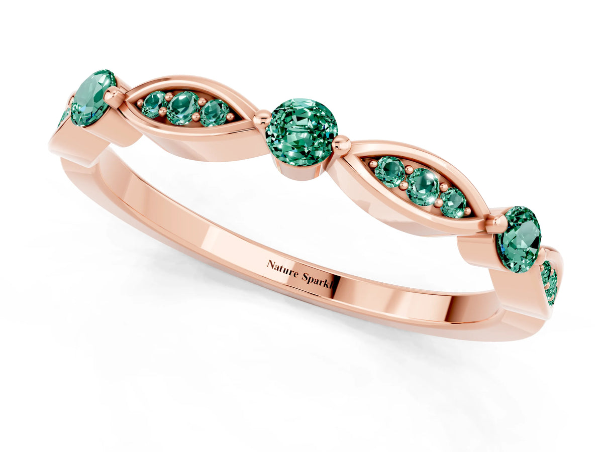 Alternating Marquise and Round Green Sapphire Milgrain Band in Rose gold with Bezel Setting_1