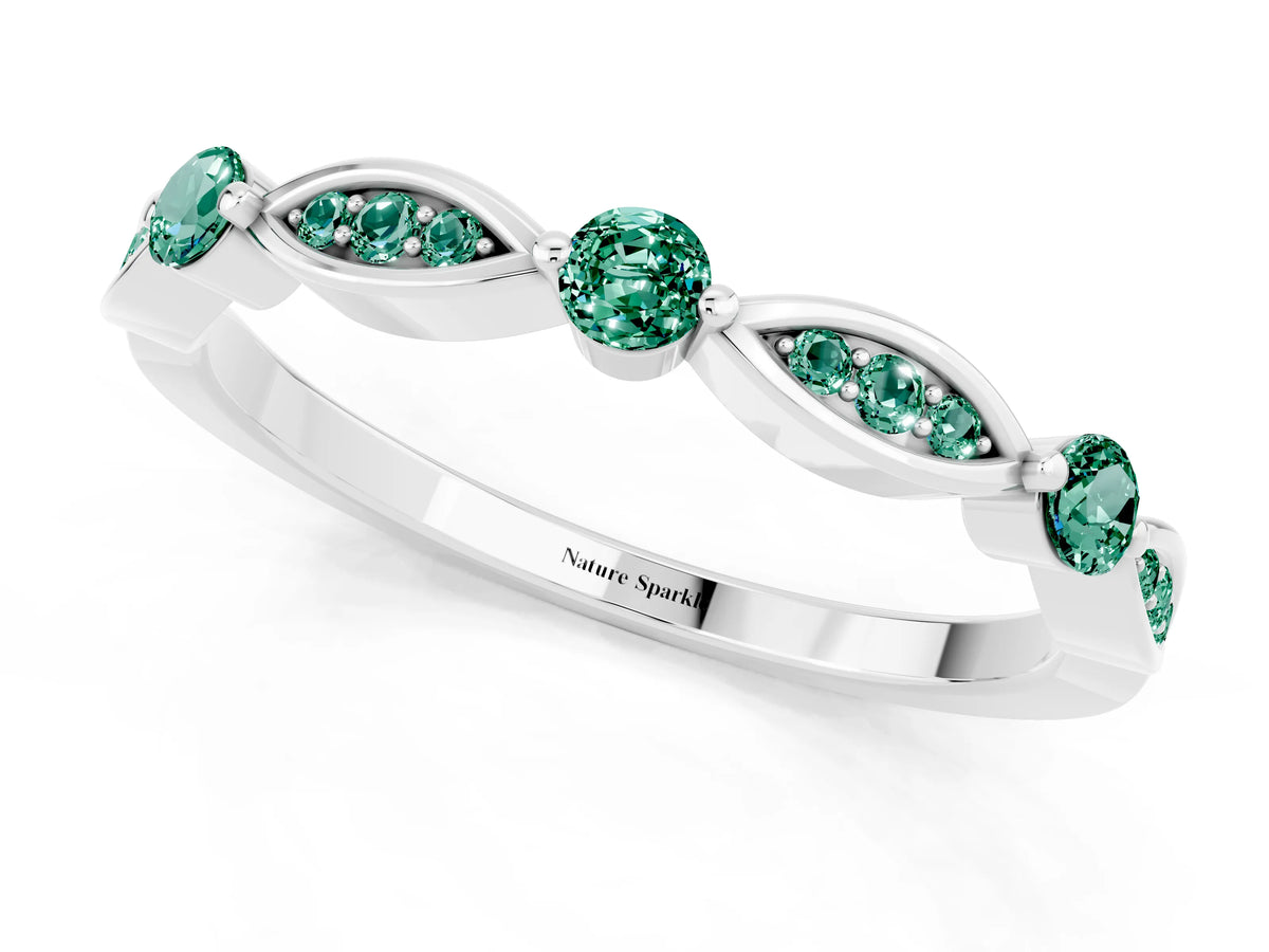 Alternating Marquise and Round Green Sapphire Milgrain Band in Silver with Bezel Setting_1