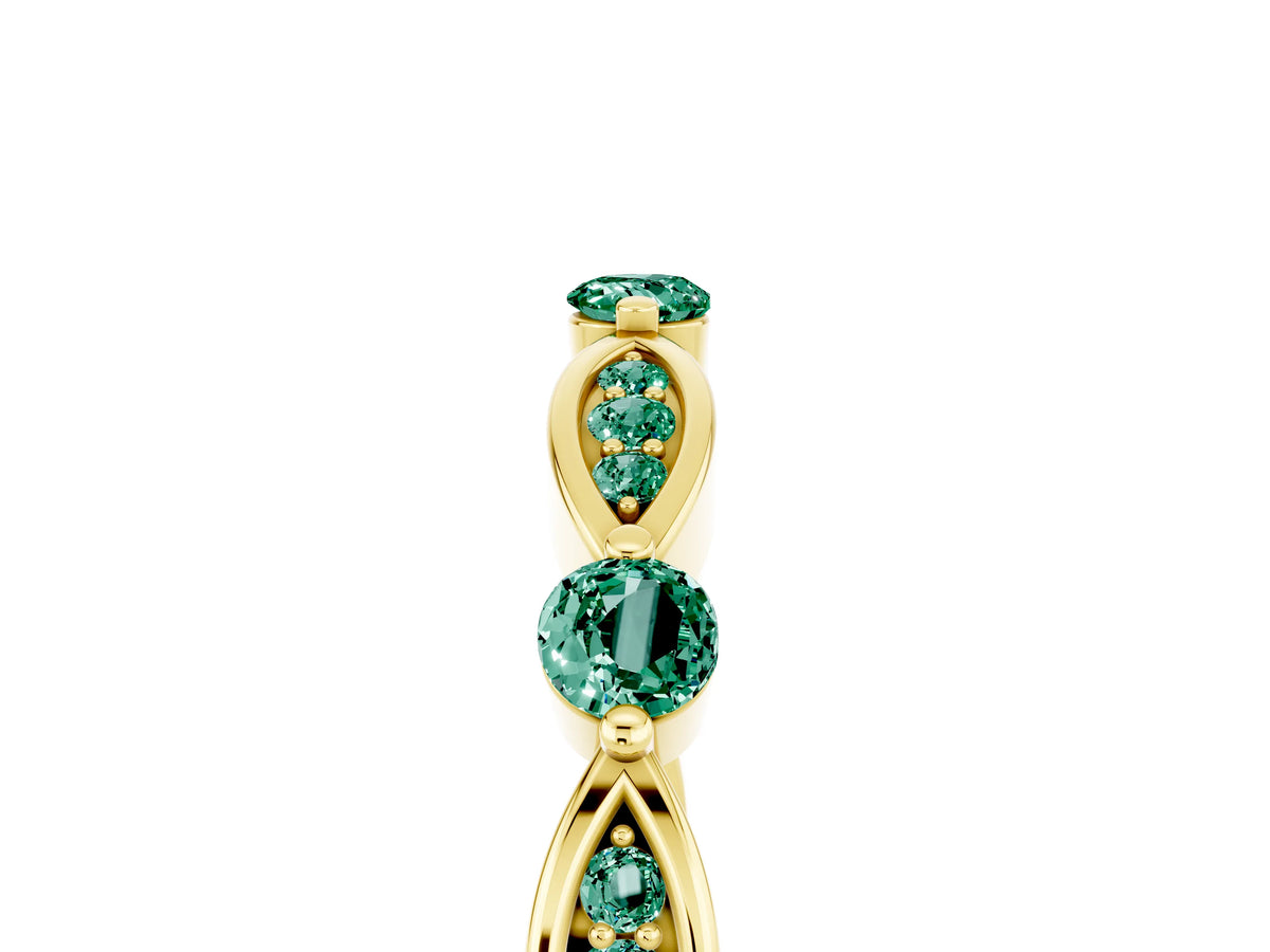 Alternating Marquise and Round Green Sapphire Milgrain Band in Yellow gold with Bezel Setting_5
