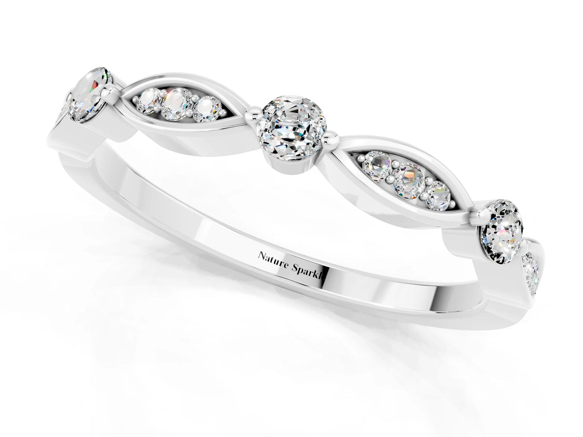 Alternating Marquise and Round Moissanite Milgrain Band in Silver with Bezel Setting_1