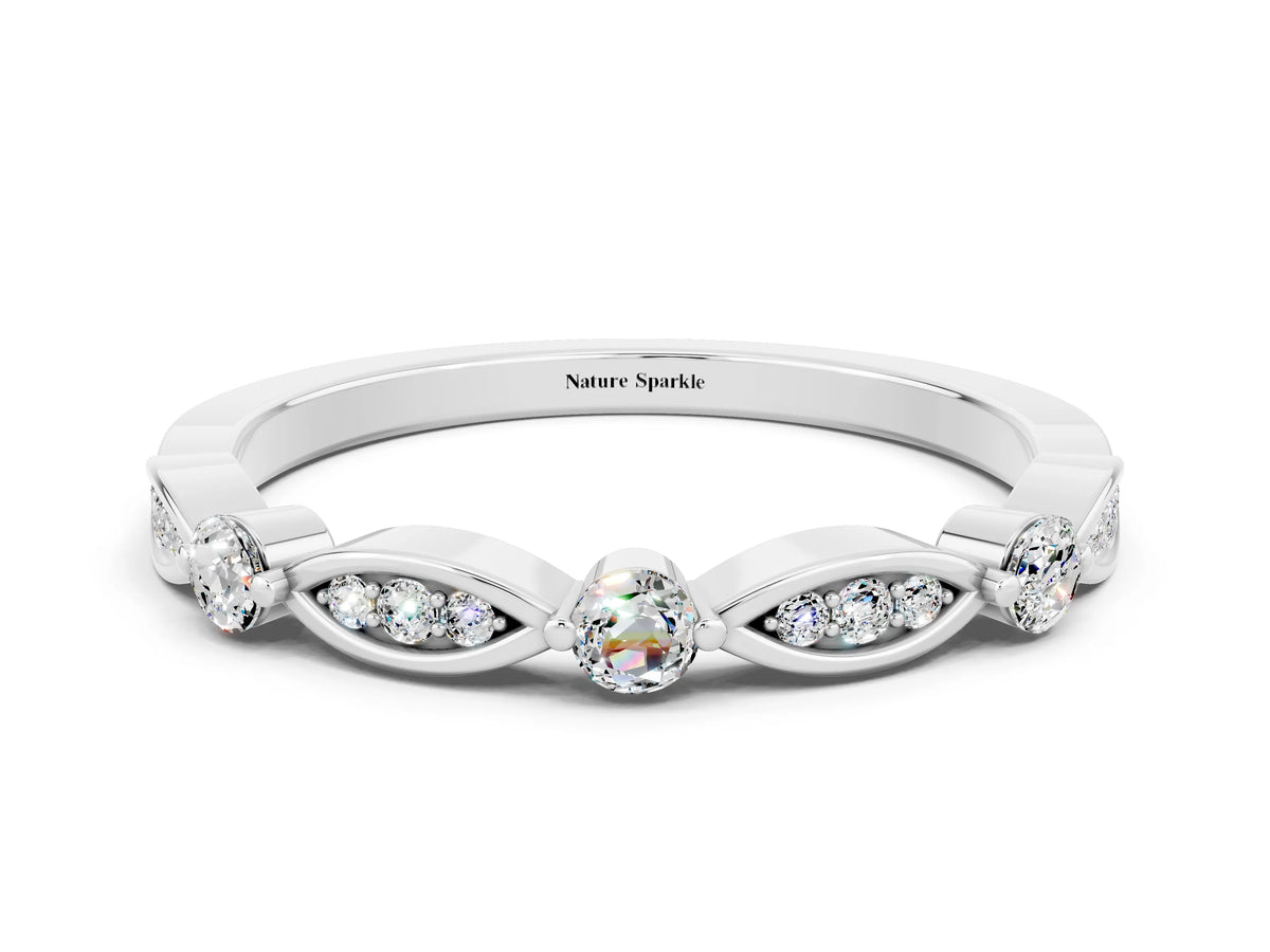 Alternating Marquise and Round Moissanite Milgrain Band in White gold with Bezel Setting