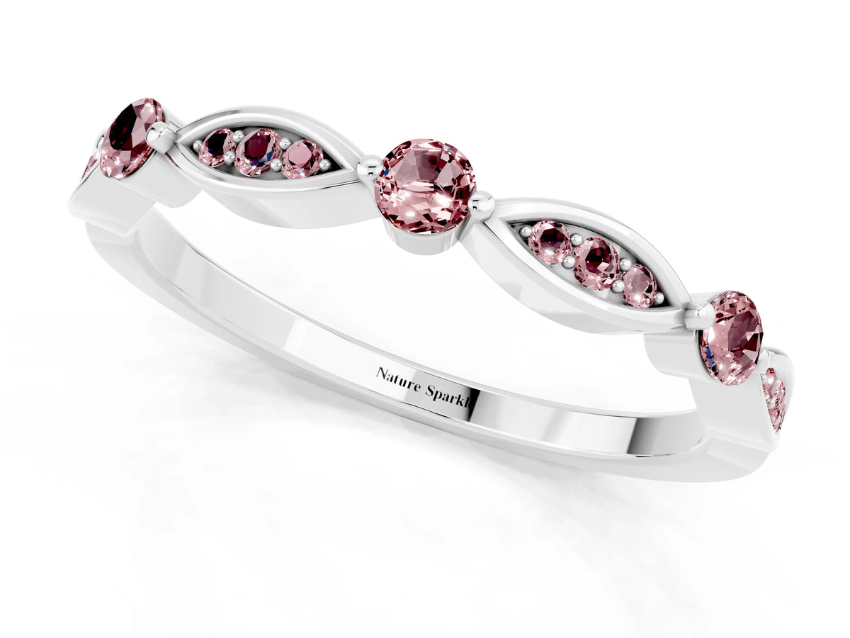 Alternating Marquise and Round Morganite Milgrain Band in Platinum with Bezel Setting_1
