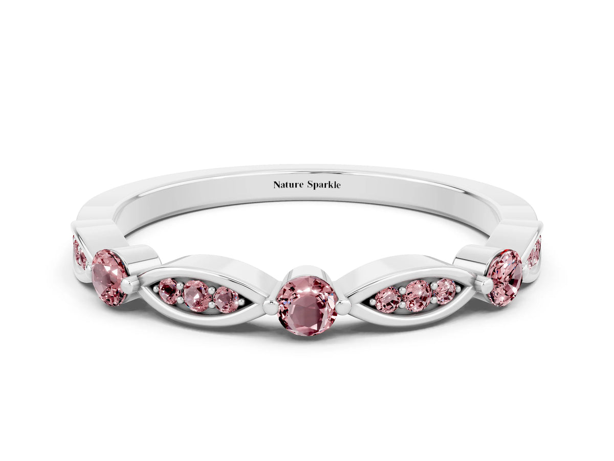 Alternating Marquise and Round Morganite Milgrain Band in White gold with Bezel Setting