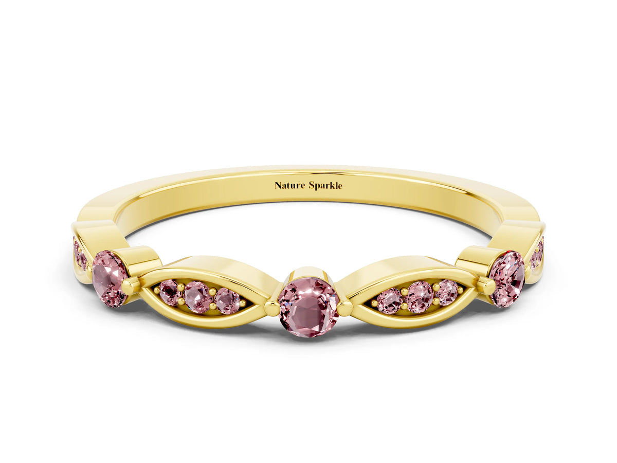 Alternating Marquise and Round Morganite Milgrain Band in Yellow gold with Bezel Setting
