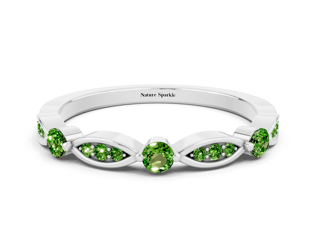 Alternating Marquise and Round Peridot Milgrain Band in Silver with Bezel Setting