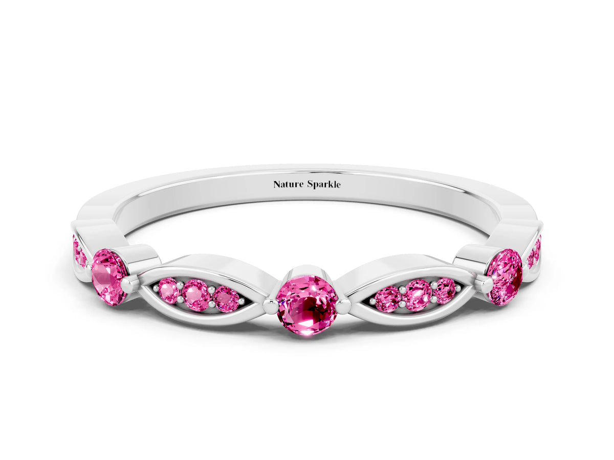 Alternating Marquise and Round Pink Sapphire Milgrain Band in Silver with Bezel Setting