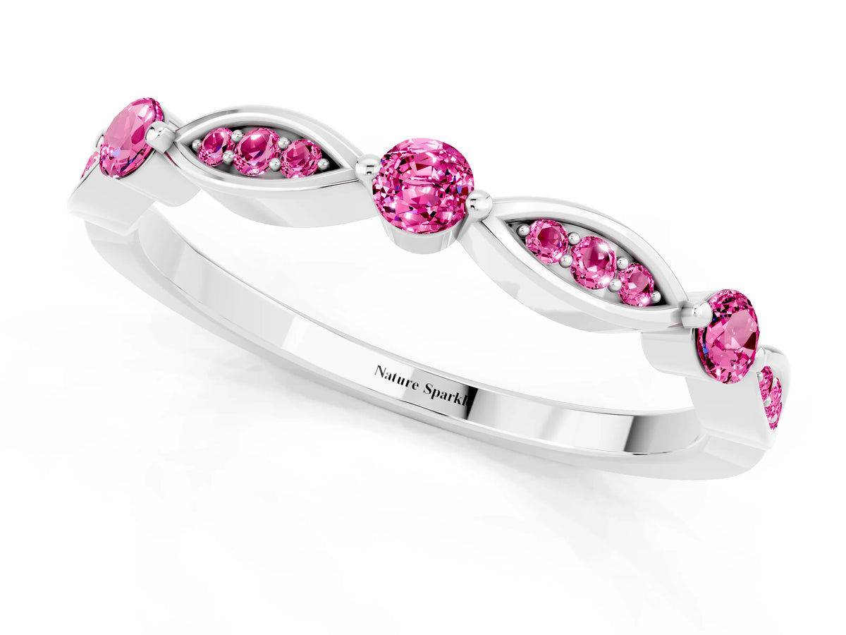 Alternating Marquise and Round Pink Sapphire Milgrain Band in White gold with Bezel Setting_1