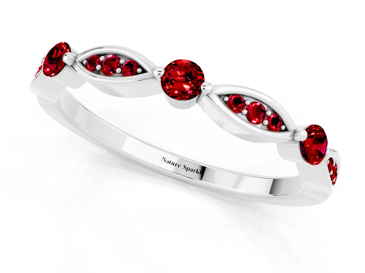Alternating Marquise and Round Ruby Milgrain Band in Platinum with Bezel Setting_1