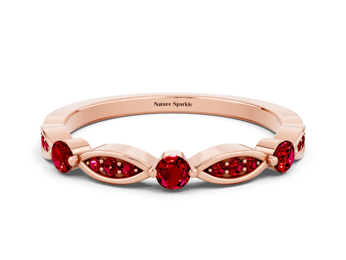 Alternating Marquise and Round Ruby Milgrain Band in Rose gold with Bezel Setting
