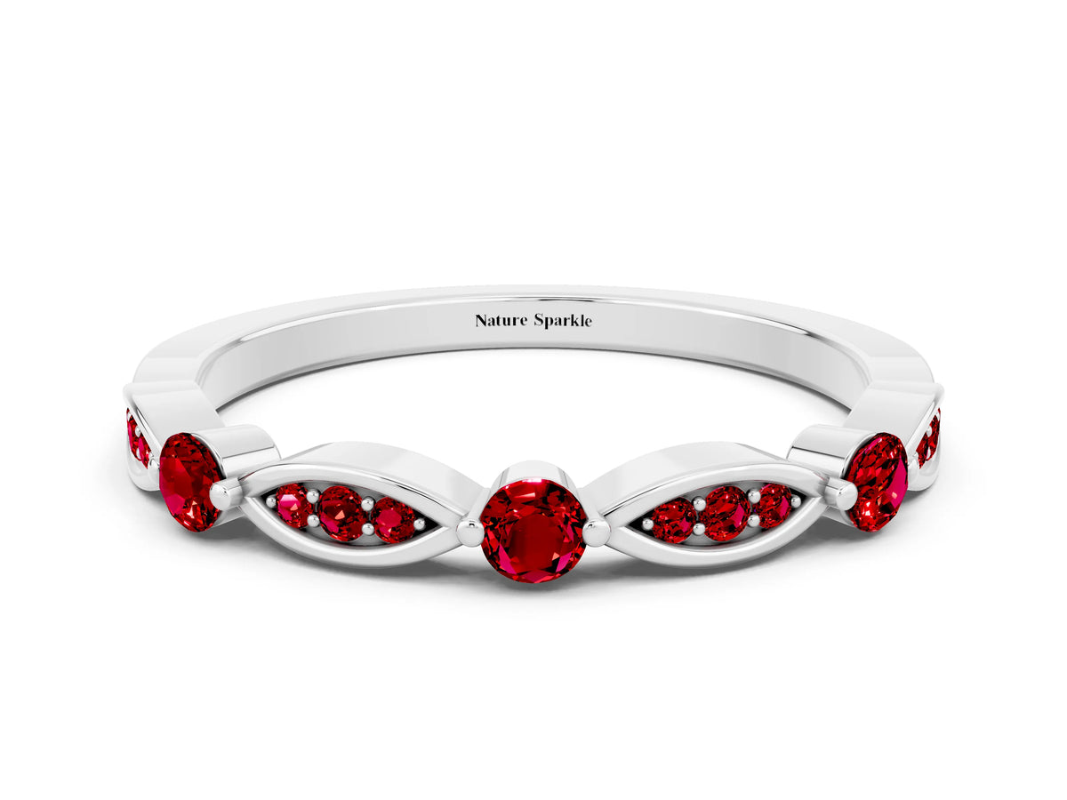 Alternating Marquise and Round Ruby Milgrain Band in Silver with Bezel Setting