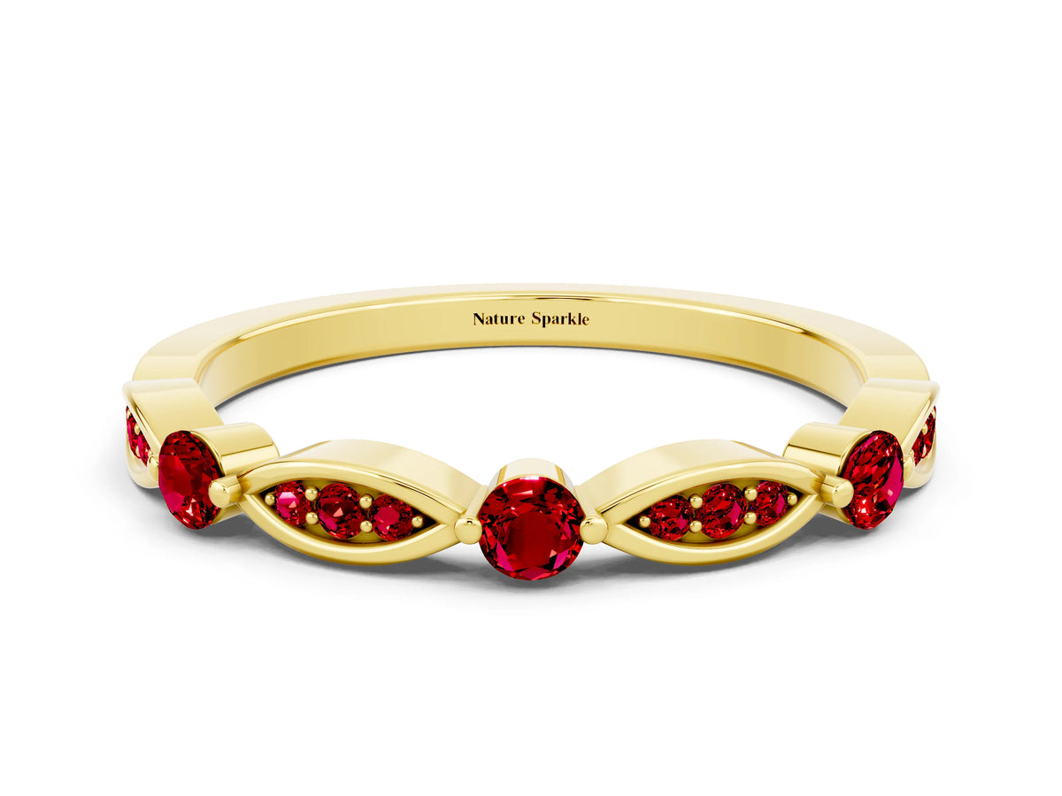 Alternating Marquise and Round Ruby Milgrain Band in Yellow gold with Bezel Setting