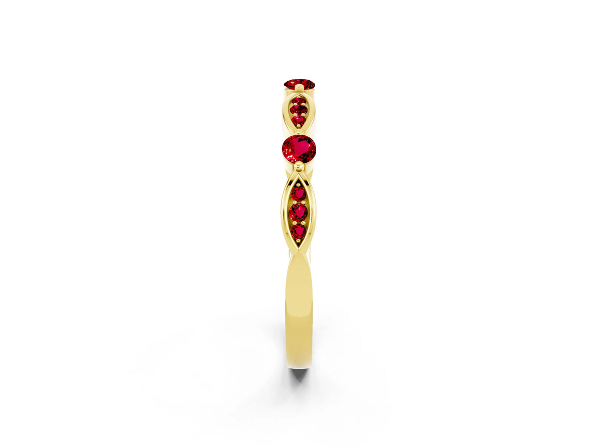 Alternating Marquise and Round Ruby Milgrain Band in Yellow gold with Bezel Setting_2