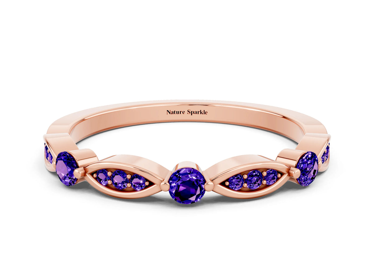 Alternating Marquise and Round Tanzanite Milgrain Band in Rose gold with Bezel Setting