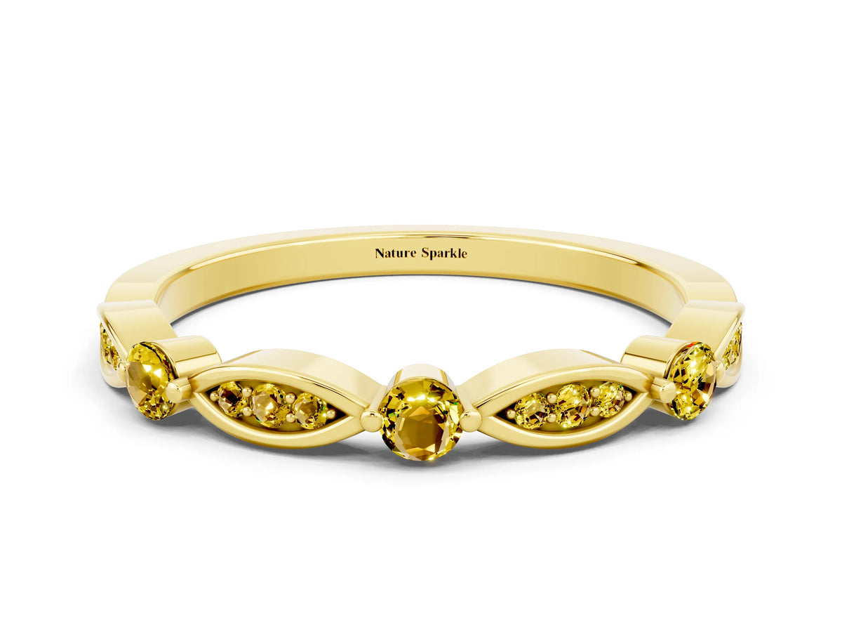 Alternating Marquise and Round Yellow Sapphire Milgrain Band in Yellow gold with Bezel Setting